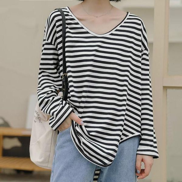 

women's t-shirt autumn women t shirt korean chic striped v neck long sleeve t-shirts female casual loose tees, White