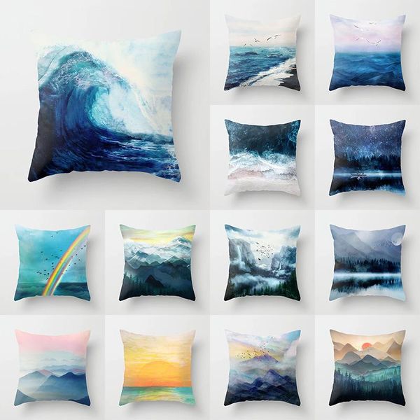 

landscape polyester cushion cover rainbow seagull mountain range forest decorative pillowcase home decor for sofa couch 45*45 cushion/decora