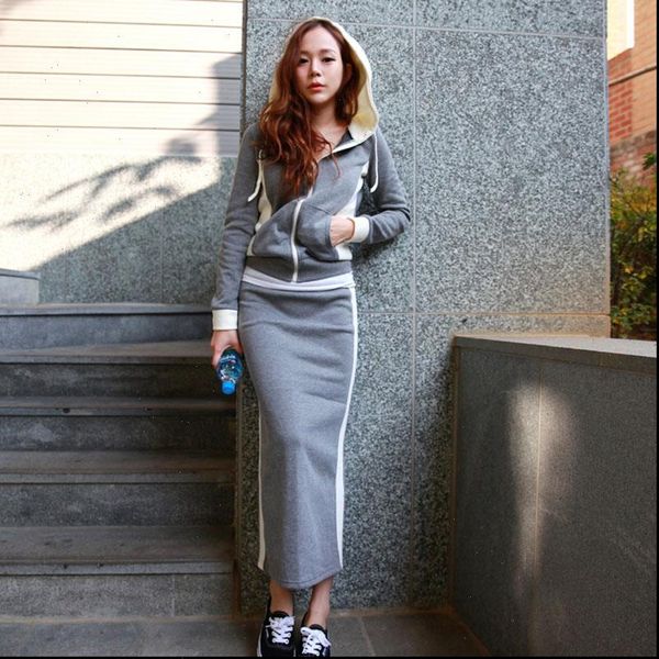 

autumn 2 piece set womens tracksuits skirt and two sets lounge wear korean fashion clothing hoodies fall long sleeve, Gray