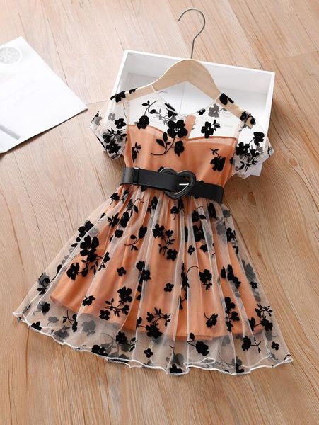 

toddler girls floral print belted mesh dress she, Red;yellow