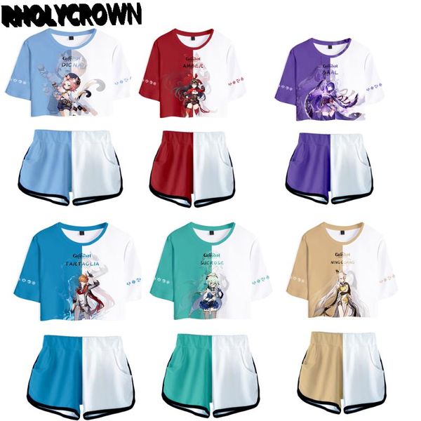

women's tracksuits arrival 3d genshin impact women two piece sets shorts+crop t-shirt summer hip hop girls pretty cartoon game suits, Gray