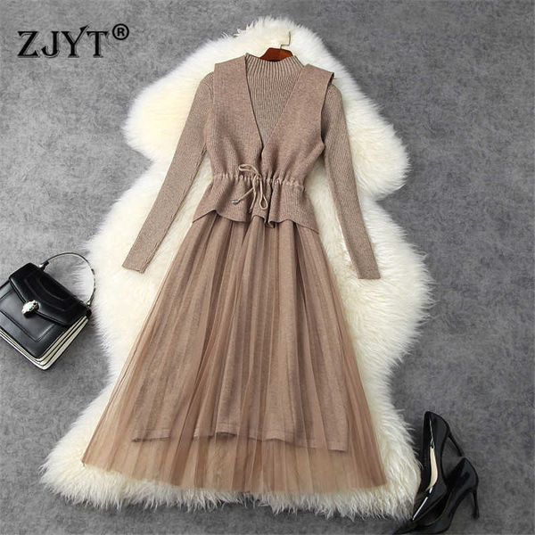 

europe fashion autumn winter clothes elegant long sleeve mesh patchwork midi knitted sweater dresses women femme robe 210601, Black;gray