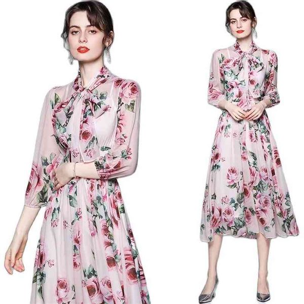 

fashionable women's dress bow neck chiffon printed long sleeve elegant summer vacation style mid-length skirt 210520, Black;gray