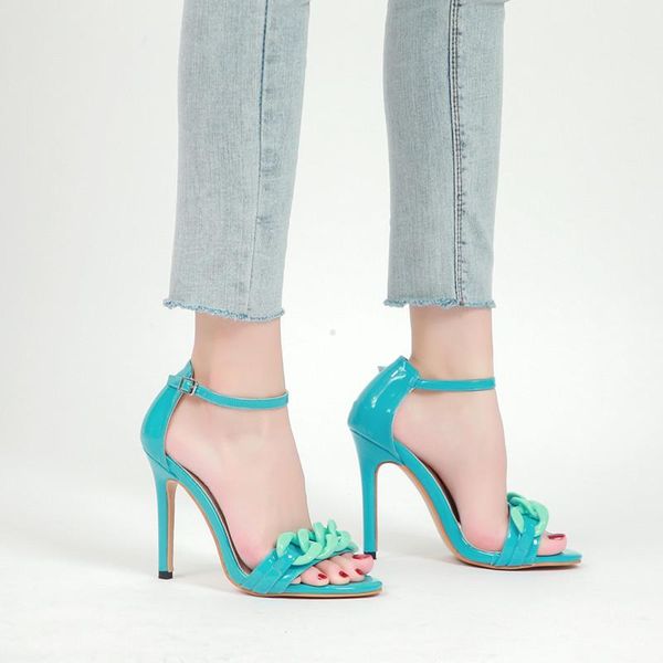 

sandals women ankle strap summer shoes 2021 woman fashion chain high heels open toe sexy, Black