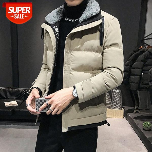 

cotton jacket men's short padded slim-fit flowing fur collar tooling down #7h47, Black;brown