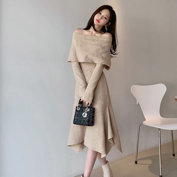

autumn slash neck sleeve ruffle hem dressed in long female sweatshirt strapped high irregular stretch dress casual 72of, Black;gray