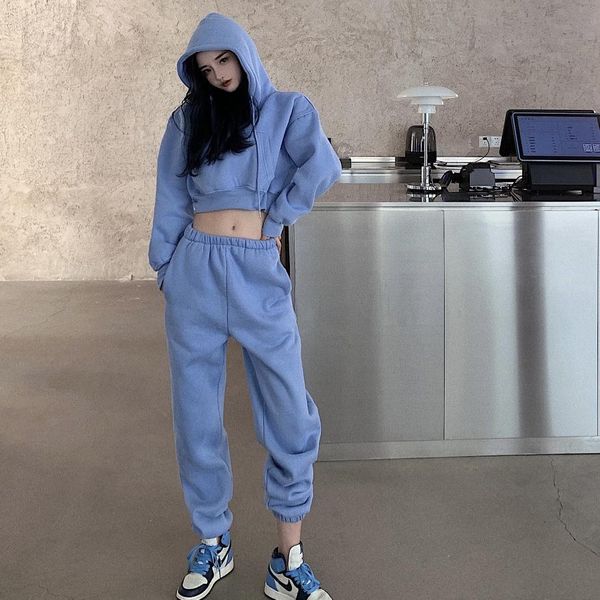 

winter women's outfit plus velvet casual tracksuit female short pocket hooded sweater high waist loose pant suit two-piece sets 210514, White