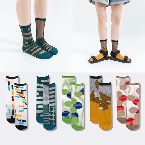 

japanese retro ladies in the tube personality ultra-thin breathable big dot stitching glass silk long socks fashionable and & hosiery, Black;white