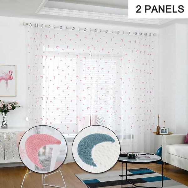 Painel Sheer Cortinas Voile Janela Cortina para Bedroom Anel Top Star Bordado e Lua Tule Sala de Living Drapes