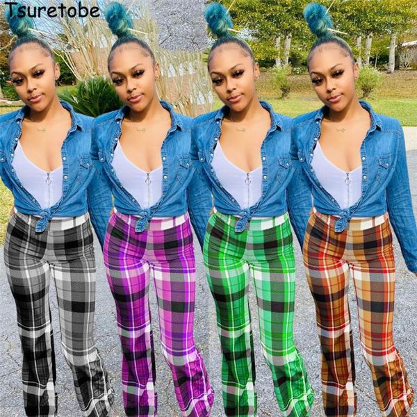 

tsuretobe streetwear plaid pants women high waist flare fashion bell bottom pant for fall clothes trousers women's & capris, Black;white