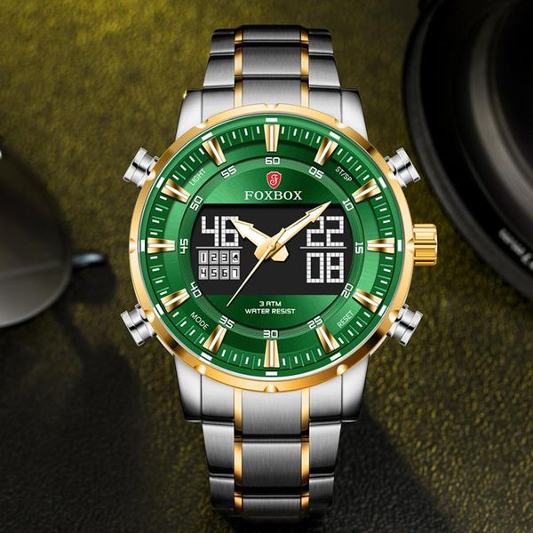 

wristwatches foxbox 2021 green men watch stainless steel quartz for waterproof dual display wristwatch clock man, Slivery;brown