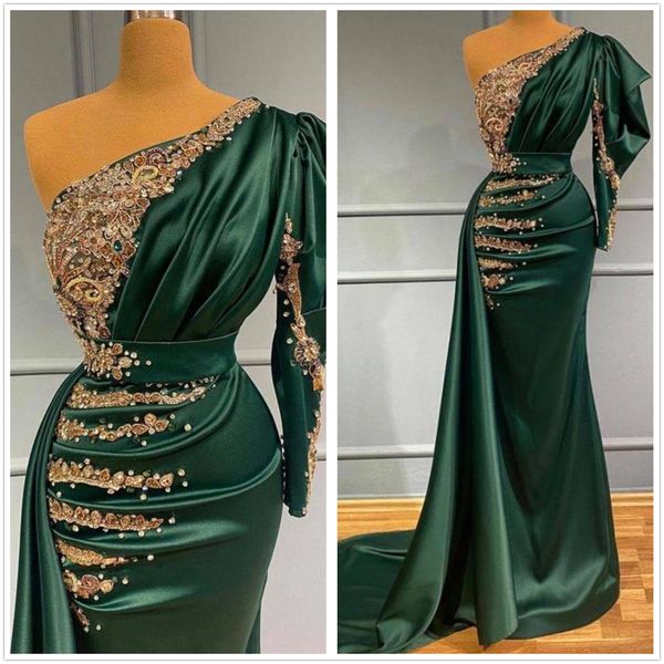 Vestidos de noite de sereia de cetim verde escuro com apliques de renda dourada pérolas contas de um ombro pregas longas festa formal ocasião baile153g