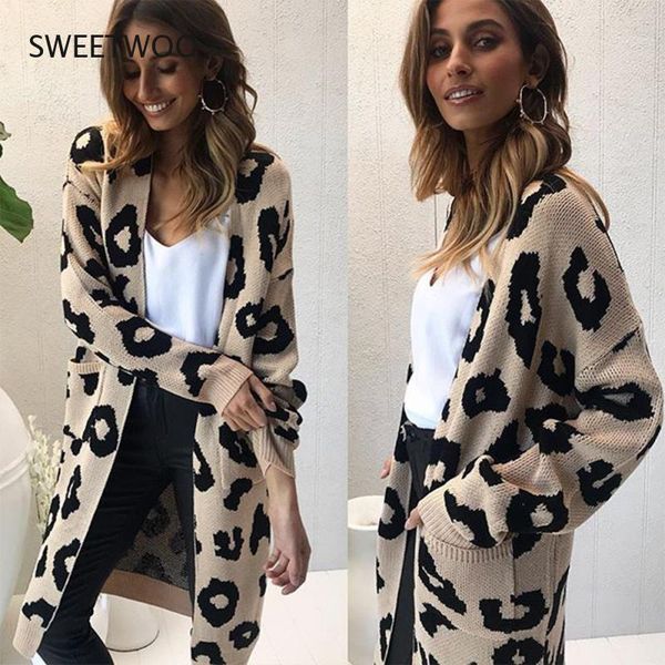 

women's knits & tees autumn and winter all-match casual leopard print long knitted jacket cardigan sweater, White