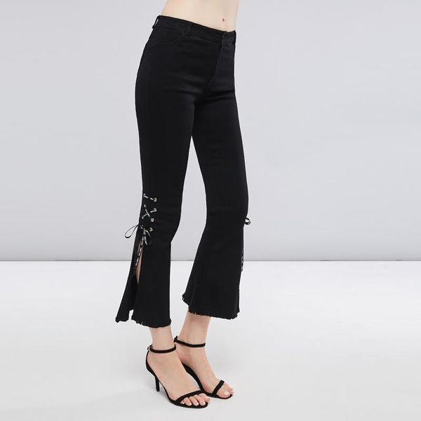 

women's pants & capris gothic flare women trousers lace up split street fashion bellbottoms elegant office female goth black slim casua, Black;white