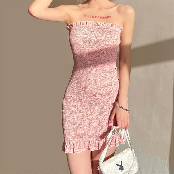 

casual dresses summer women slash neck floral dress sweet sleeveless backless slim fit strapless high waist ruffle pink vestidos 2021, Black;gray