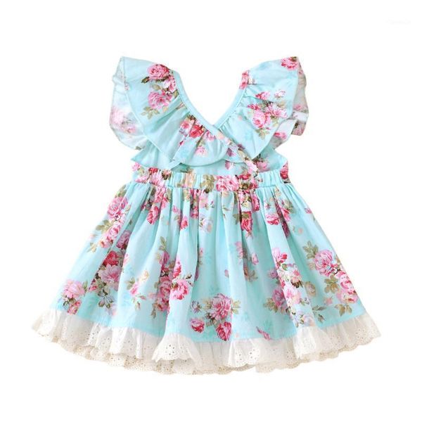 

summer holiday birthday party vacation kid girl clothes light blue dress flower print flying sleeve ruffle hem girl's dresses, Red;yellow