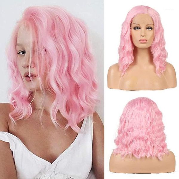 

synthetic lace front wigs for women pink hair wig high temperature fiber short natural wave cosplay1, Black