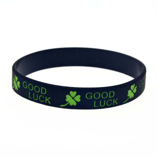 

good luck with clover leaf silicone bracelet, Black