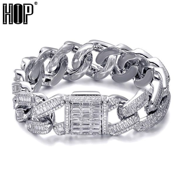 

hip hop 19mm baguette box buckle cuban heavy copper prong setting + cubic zirconia stones bracelet for men jewelry link, chain, Black