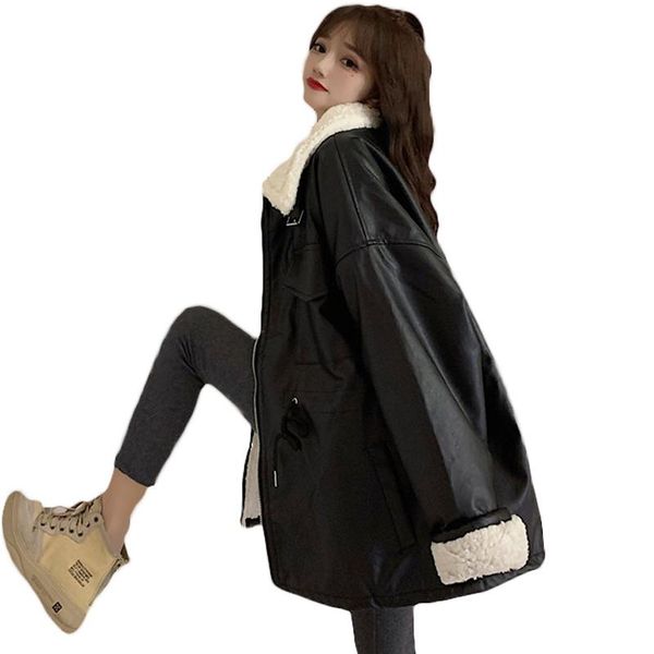 

women's leather & faux winter 2021 style loose black plus velvet thick long-sleeved lamb hair pu coat jacket women outerwear 63a