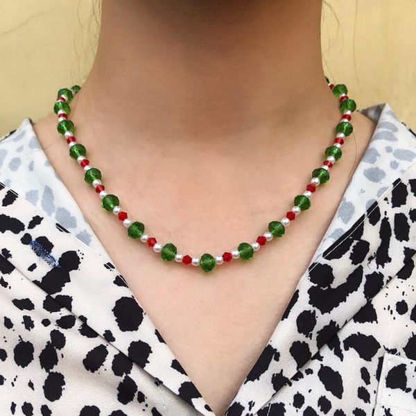 

lalynnly christmas necklace set for women red green crystal elasticity imitation pearl charm ornament jewelry chokers, Golden;silver