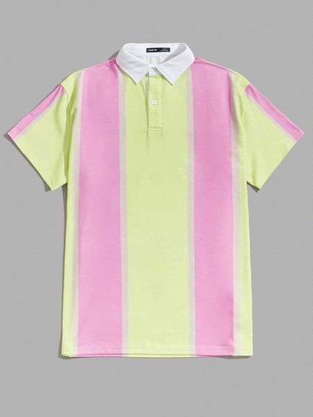 

men striped print button half placket polo shirt m8oo#, White;black