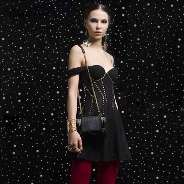 

women bandage dress strapless short sleeve black lace bodycon rivet runway club party vestidos 210524, Black;gray