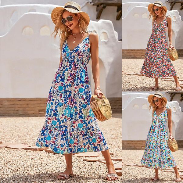 

casual dresses donsignet fashion summer women for dress temperament sling high waist printed holiday elegant, Black;gray