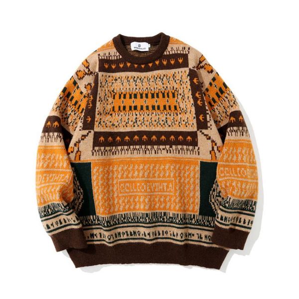 

men's sweaters autumn winter vintage jacquard knitted sweater streetwear loose pullovers man women couple knitwear male, White;black