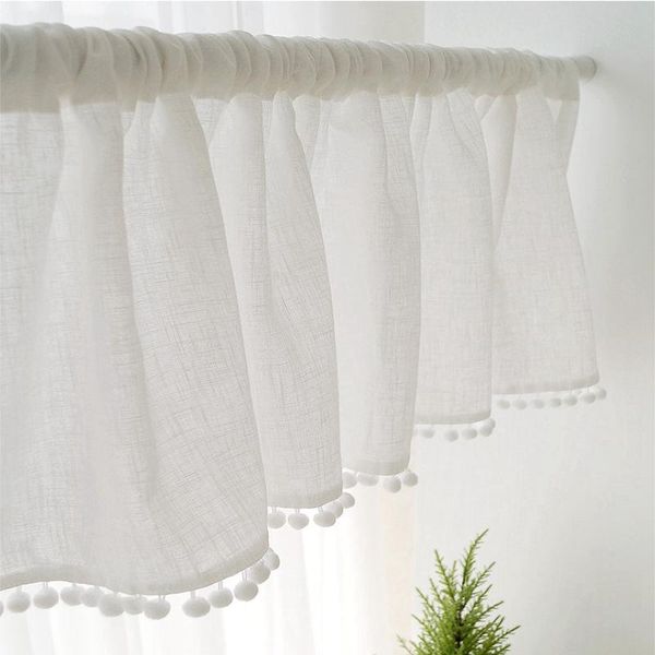 

solid cotton linen short curtain for kitchen japanese style white voile ball tassel bay window ad671eh & drapes