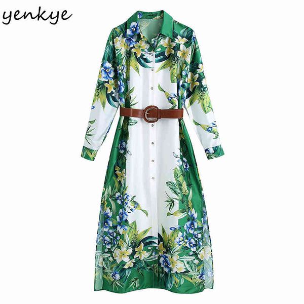 

spring women floral print belt dress female long sleeve side slits casual loose plus size vestido 210430, Black;gray