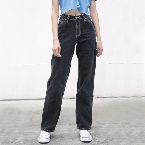 Hochsitzende, verblasste schwarze Denim-Jeans für Damen mit weißen Nähten, gerade geschnittene Denim-Hose 210322