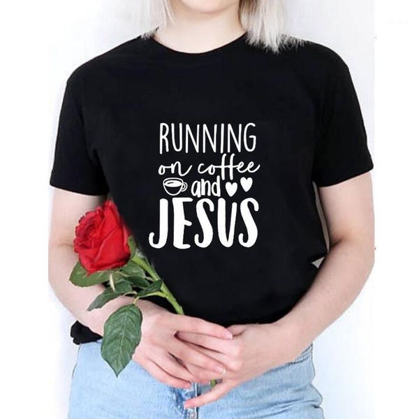 

women's t-shirt running on coffee jesus graphic tee shirt femme summer short sleeve o-neck t women casual loose tshirt top, White