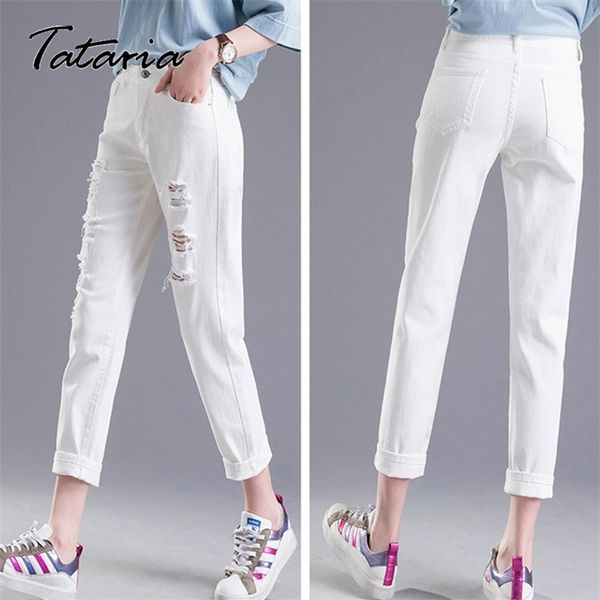 1Plus Size White Strappato Boyfriend Jeans alla caviglia Donna Casual Primavera Estate Plain Denim Harem PANT Pantaloni Womans 210514