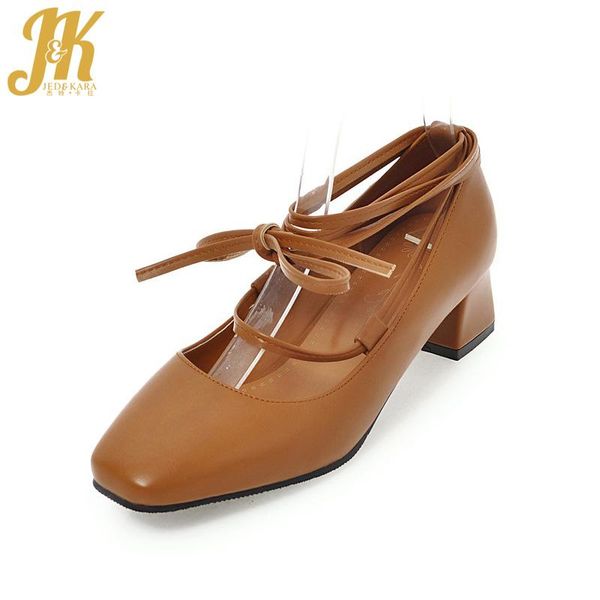 

dress shoes jk ankle strap med heel women pumps spring fashion ladies ballet thick square heels cross tied toe shallow footwear, Black
