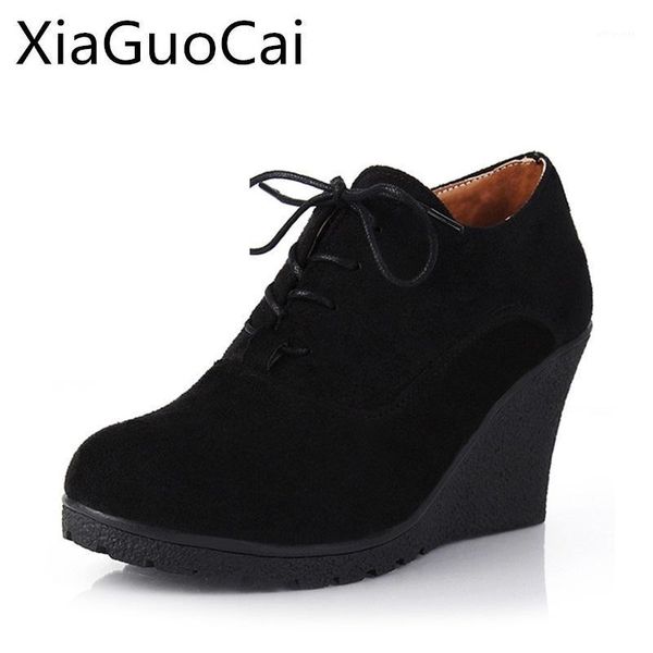 

dress shoes wedges women pumps high heels female lace up casual platform for ladies quality footwear1, Black