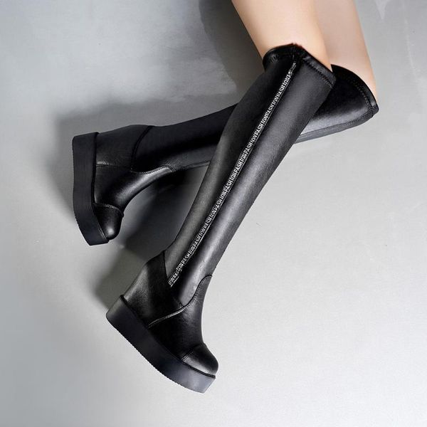 

boots fashion knees high flat women pu leather comfort zipper wedges solid riding winter knight shoes, Black