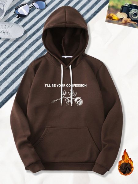 

men floral and slogan graphic drawstring thermal lined hoodie 41p6#, Black