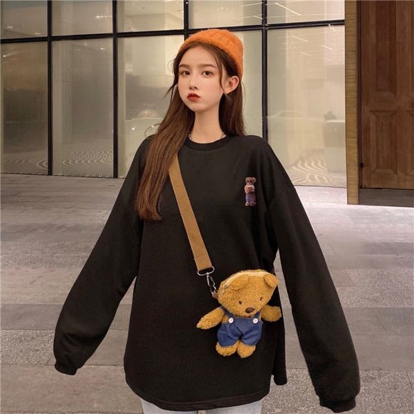 

loose and lazy wind round neck pullover bear sweater women's autumn winter korean college style long sleeved top, Blue;black