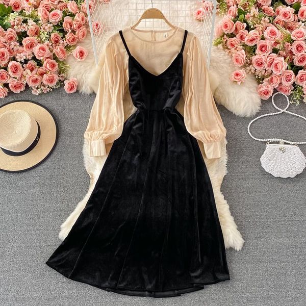 

casual dresses korean chic french o-neck bubble sleeve shirt womanly two piece set v-neck velvet spaghetti strap dress, Black;gray