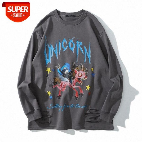

chinese cartoon graffiti printing long-sleeved t-shirt men and women couples harajuku bf lazy wind hole sweatshirt #8b33, Black