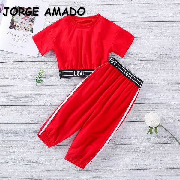 Summer Kids Girl 2-pcs Set Red Letter Short T-Shirt + Pantaloni Sport Style Toddler Girls Abiti Abbigliamento per bambini E217 210610