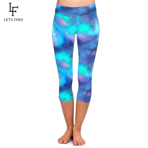 

letsfind plus size women high waist workout mid-calf leggings galaxy pattern milk silk print slim elastic 211215, Black