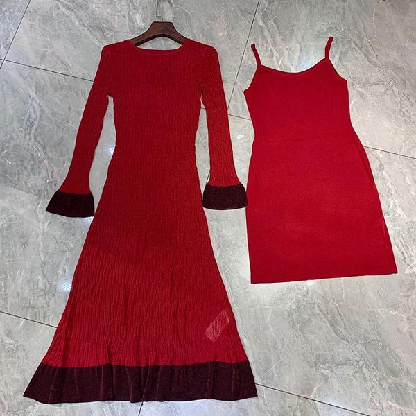 

casual dresses two piece black red fashion contrast edge long dress women slash-neck lightweight flared lady 2021 autumn, Black;gray