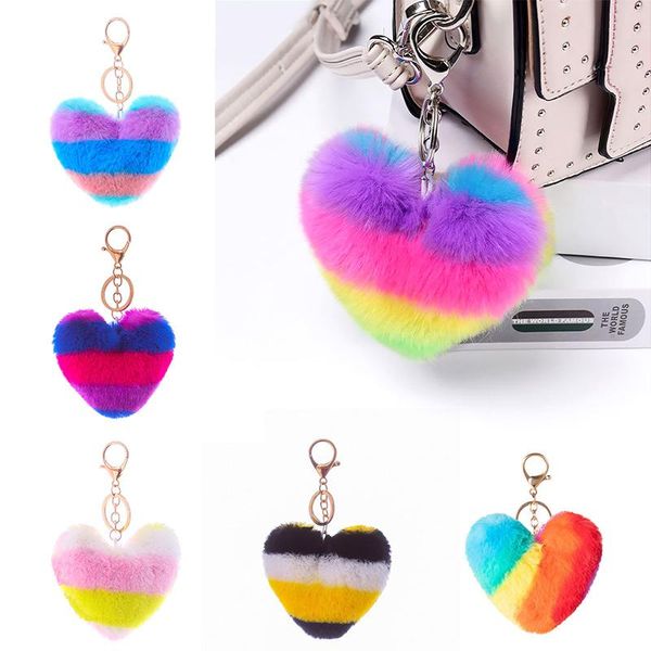 

keychains trendy lovely pom heart keychain holder colorful tassel plush fluffy faux key chain adorable bag charms ring, Silver
