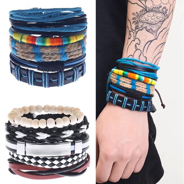 

charm bracelets 5pcs/set handmade boho gypsy hippie fashion trendy vintage cuff beads leather punk men bracelet for women jewelry, Golden;silver