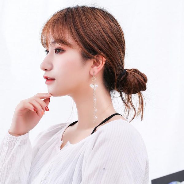 

clip-on & screw back europe and the united states face thin super temperament tassel pearl geometry shaped ear pierced long clips wild earri, Silver