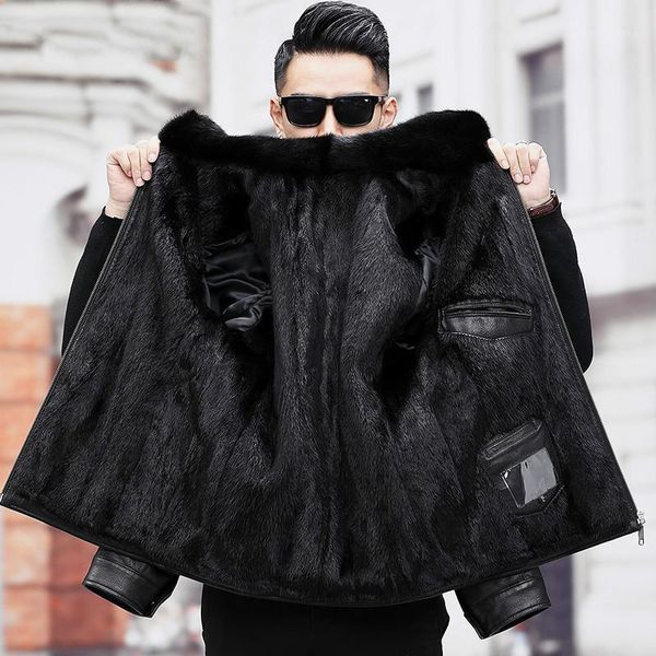 

men's leather & faux real coat winter genuine jacket men goatskin warm mens coats a19-17857 kj3814, Black