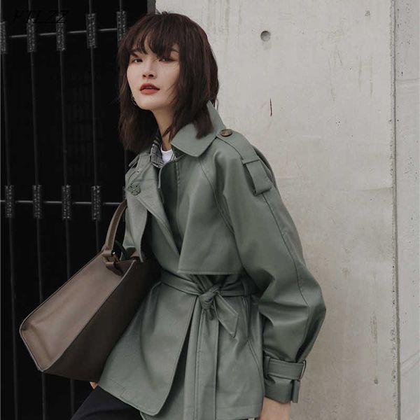 

ftlzz spring autumn women casual lapel pu jacket coat simplicity loose leather with belt office lady 210927, Black