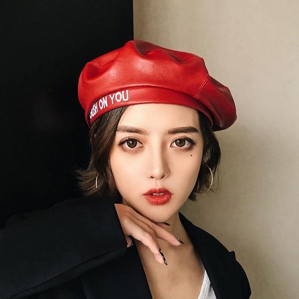 

berets h6 autumn winter letter beret casual and versatile personality leather painter hat female british flat bud male trend, Blue;gray